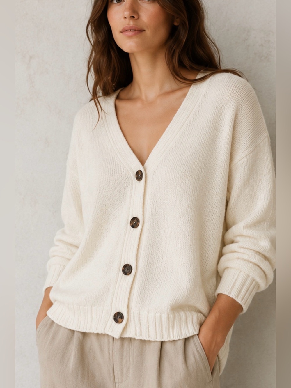 CP Shades Cotton Rayon Cardigan Sweater Cream Button Front Coastal large